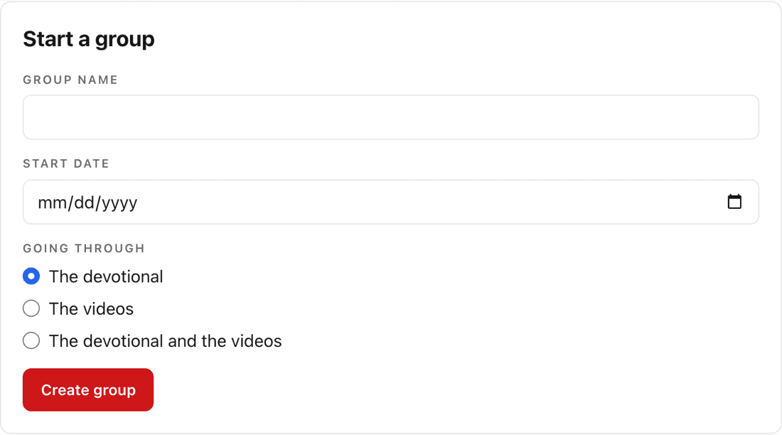 The Start a group form: group name, start date, and what the group is going through, with a Create group button