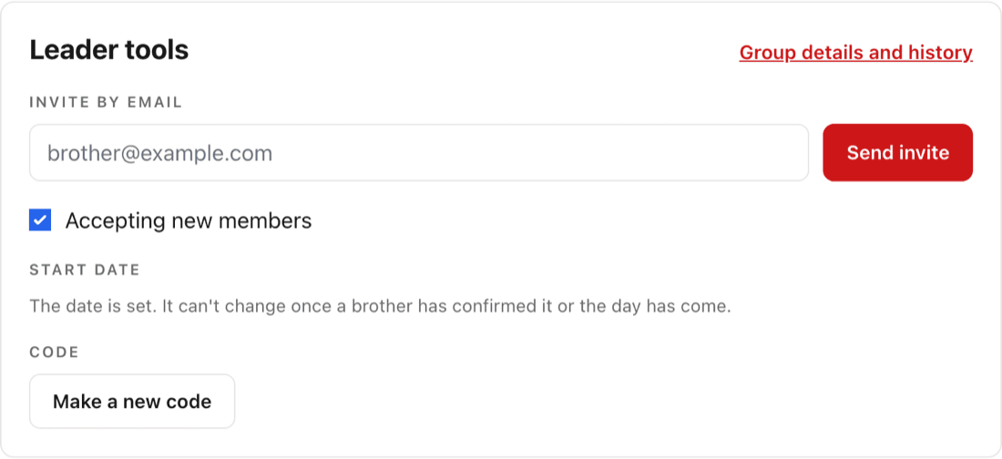 Leader tools: invite a brother by email, accept new members, and make a new code